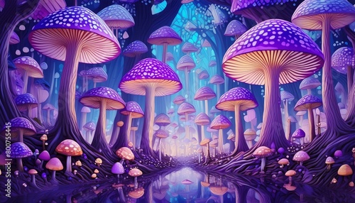 A Magical Forest of Psychedelic Mushrooms in Kaleidoscope of Violet Shades and Tones. Surreal Fluorescent Woods. Mystical Fairy Tale Illustration. 