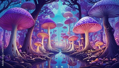 A Magical Forest of Psychedelic Mushrooms in Kaleidoscope of Violet Shades and Tones. Surreal Fluorescent Woods. Mystical Fairy Tale Illustration. 