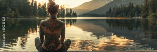 A Serene Embrace of Self-Love: A Tattooed Individual Revels in the Tranquility of Lakeside Solitude, Celebrating Body Positivity