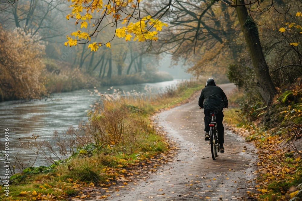A serene journey unfolds as an ample individual embarks on a leisurely bike ride along the winding path of a tranquil river