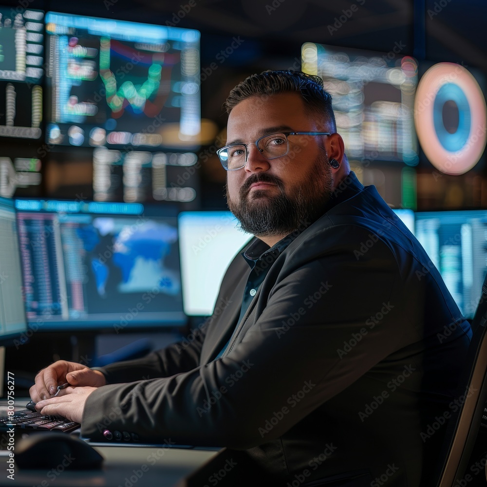 A Confident Plus-Size Cybersecurity Expert Diligently Works Behind Multiple Screens to Safeguard Sensitive Data from Potential Threats A Confident Plus-Size Cybersecurity Expert Diligently Works Behind Multiple Screens to Safeguard Sensitive Data from Potential Threats