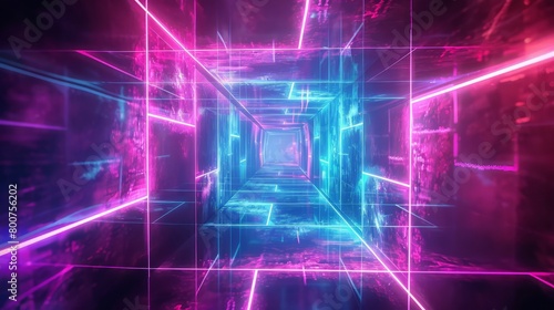 Abstract square tunnel neon blue and purple energy glowing from lines background.