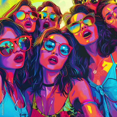Pop art style influencer taking a group selfie at a fun, vibrant party