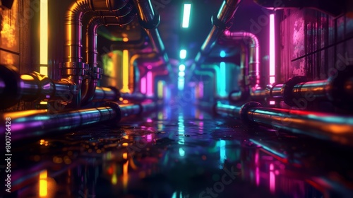 A dark tunnel of pipes illuminated by colored neon lights and lamps. Blurred reflection on the floor. 3d rendering image.