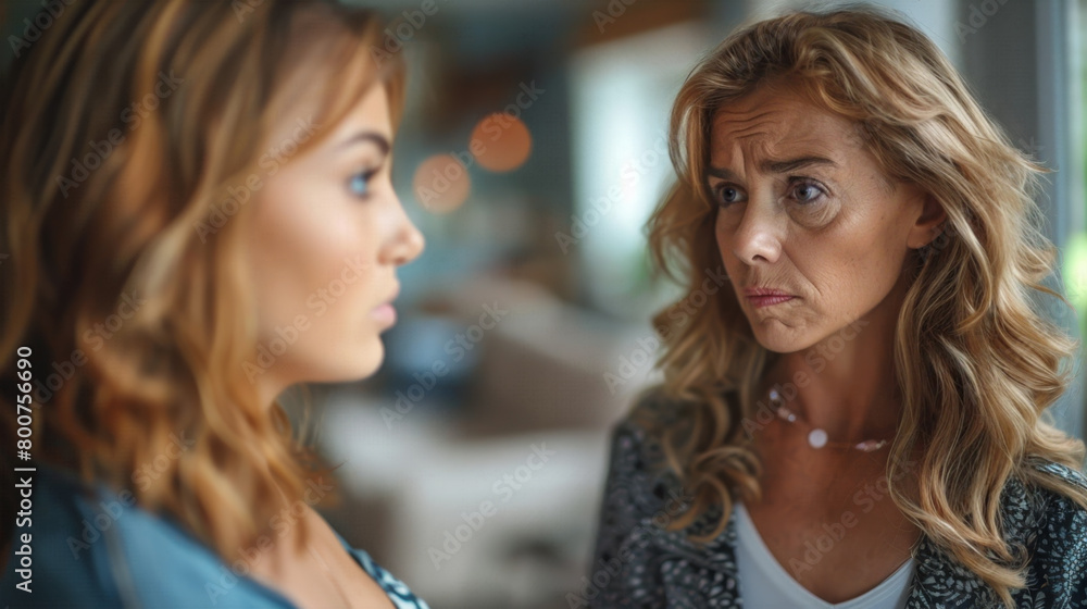 Portrait of a mother looking at her teenage or adult daughter with disapproval over something she said or did. Portrait of a mother looking at her teenage or adult daughter with disapproval over something she said or did.
