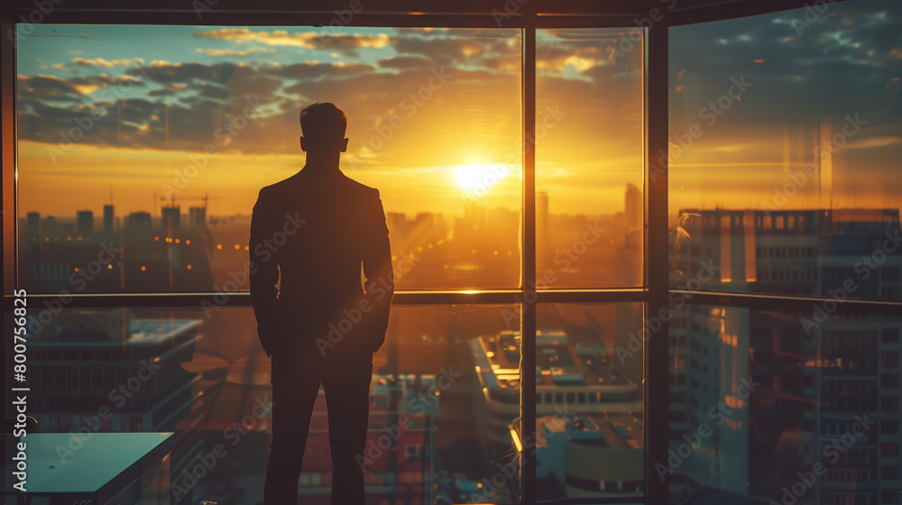 A man in a suit is looking out a window at the sun setting over a city A man in a suit is looking out a window at the sun setting over a city