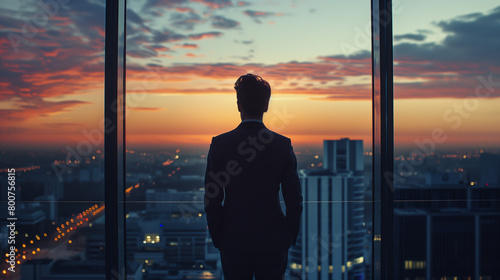 A man in a suit stands in front of a window looking out at the city