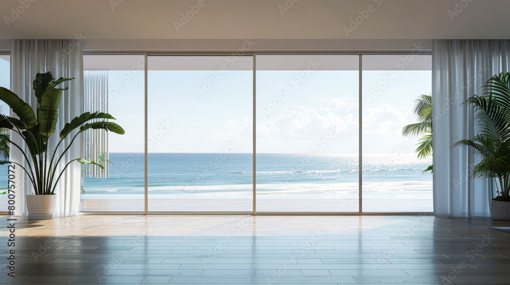 A large window overlooking the ocean with a potted plant in front of it. The room is empty and the curtains are drawn, creating a sense of calm and serenity