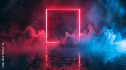 Illustration of 3D rendering. Futuristic Sci-Fi Abstract red and blue neon light figures on the background of walls and reflective concrete with empty space for text. Smoke and smog in neon light