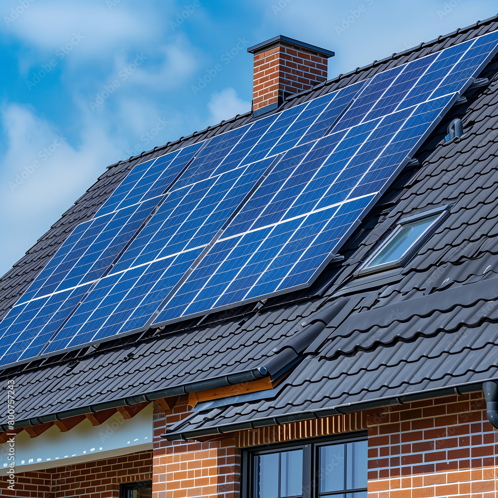 Fototapeta premium Eco-Friendly House Roof with Solar Panels for Generating Clean Energy
