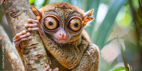a tarsier with very large eyes, sitting on a tree branch, generative AI photo