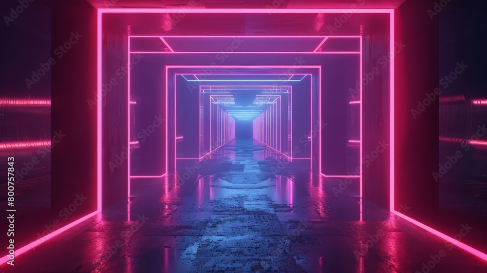 Square portal Abstract background Glowing lines Tunnel Neon lights Virtual reality Arch Laser show. 3d render.