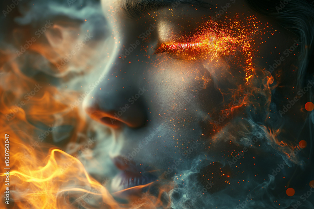 A woman's face is covered in smoke and fire, with her eyes glowing red A woman's face is covered in smoke and fire, with her eyes glowing red