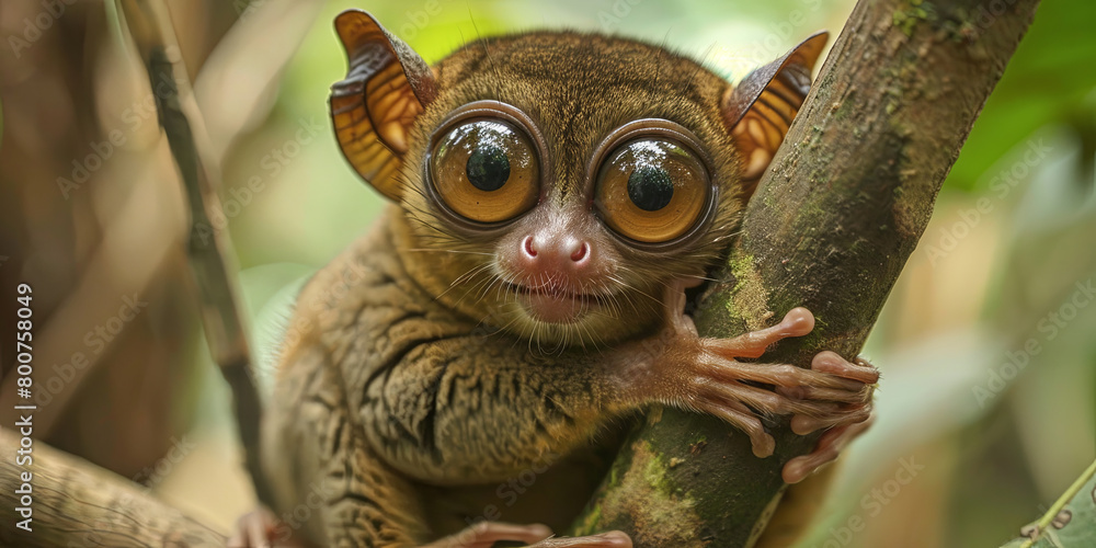 a tarsier with very large eyes, sitting on a tree branch, generative AI a tarsier with very large eyes, sitting on a tree branch, generative AI
