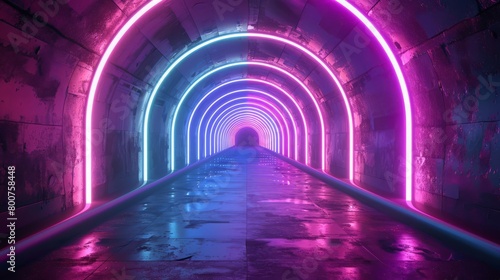 Vibrant Neon Background Glowing Purple Blue Pink Violet Path Track Gate Entrance Sci Fi Futuristic Virtual Reality Dark Tunnel Concrete Grunge Reflective Laser Lights 3D Rendering Illustration