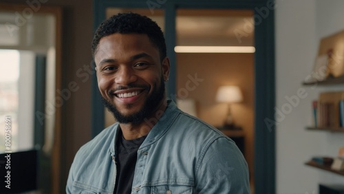 Smiling cheerful young adult african american ethnicity man in casual attire looking at camera standing at home office background. Happy confident black guy headshot face front close up portrait