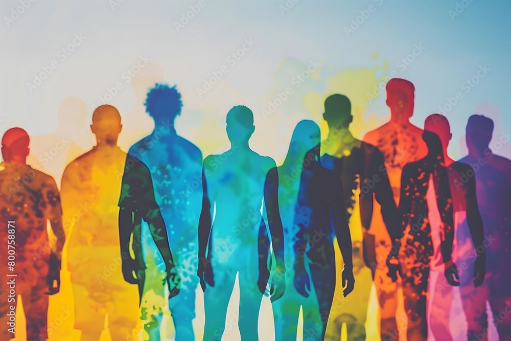 An illustrative design portraying silhouettes of people in a spectrum of watercolor hues against a bright background, symbolizing the diversity and vibrancy of society An illustrative design portraying silhouettes of people in a spectrum of watercolor hues against a bright background, symbolizing the diversity and vibrancy of society