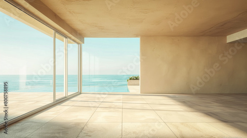 A large open room with a view of the ocean. The room is empty and has a very clean and minimalist look