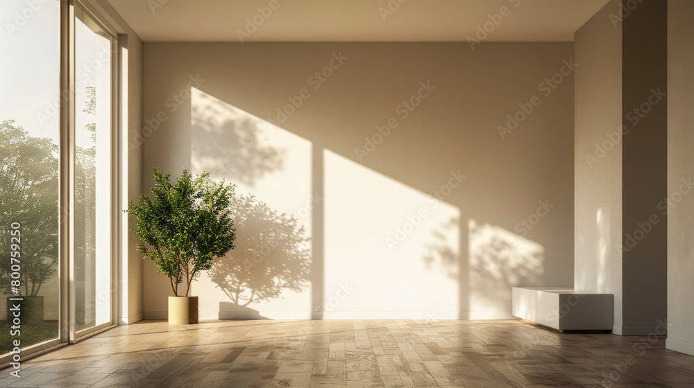 A large empty room with a plant in a vase and a bench. The room is very bright and open, with sunlight streaming in through the windows. The plant and bench add a touch of greenery A large empty room with a plant in a vase and a bench. The room is very bright and open, with sunlight streaming in through the windows. The plant and bench add a touch of greenery