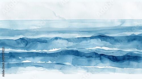 Minimalistic watercolor seascape showing the endless ocean meeting a clear sky, the scene bathed in soft sunlight © Alpha