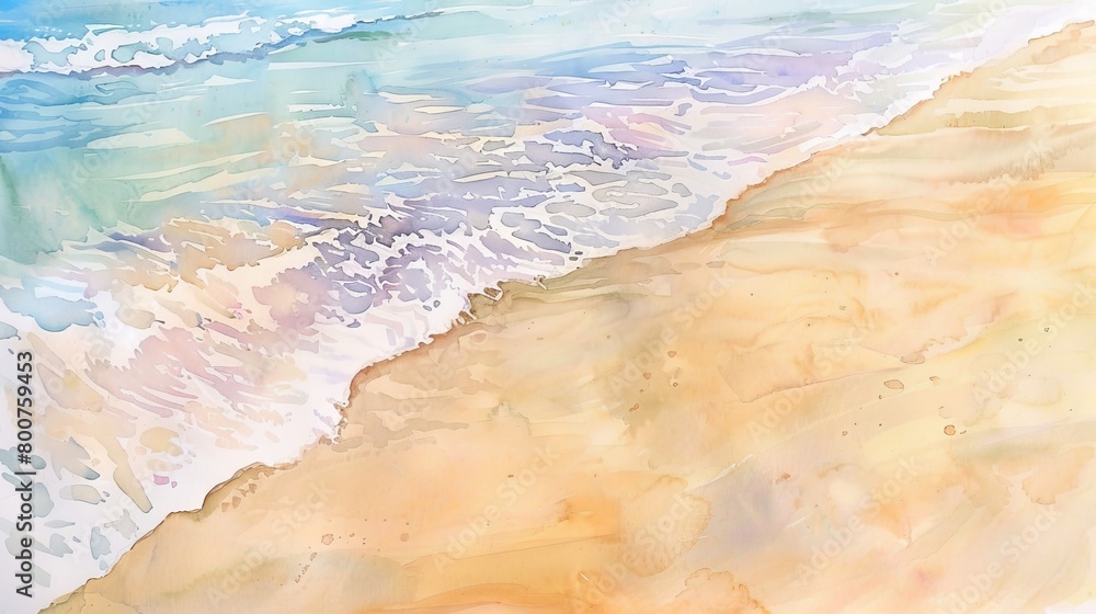 Gentle watercolor painting of a sandy beach with soft waves lapping at the shore, evoking peace and tranquility in viewers