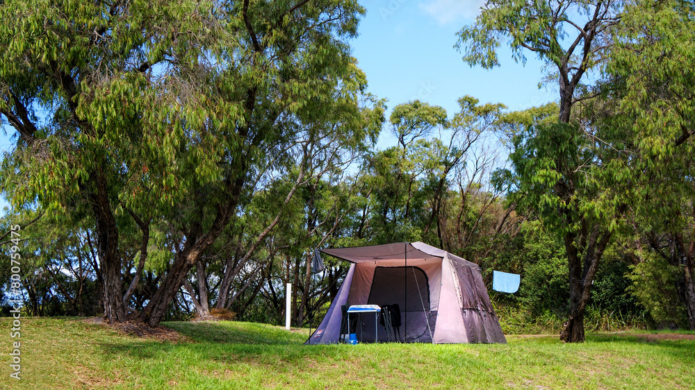 Tent in a camping site at a park on the beach in Western Australia