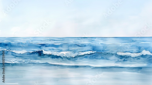 Minimalistic watercolor seascape showing the endless ocean meeting a clear sky, the scene bathed in soft sunlight