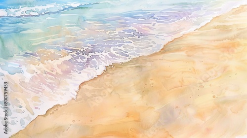 Gentle watercolor painting of a sandy beach with soft waves lapping at the shore  evoking peace and tranquility in viewers