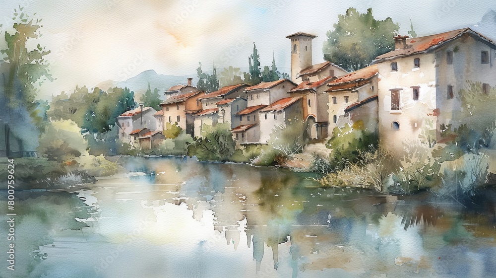 Fototapeta premium Harmonious watercolor of a sleepy riverside village, the gentle flow of the river and quaint houses offering a visual respite from stress