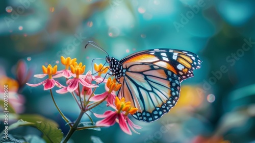 A macro shot of a butterfly perched on a delicate flower showcasing the delicate balance of nature.. © Justlight