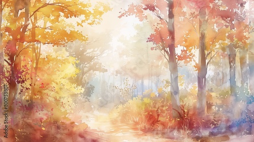Light watercolor of an autumn forest scene, the soft fall colors and gentle scenery helping to reduce stress and promote healing