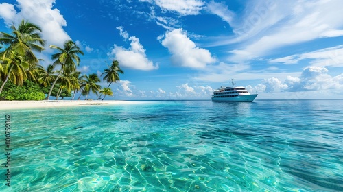 Luxury cruise ship near a tropical island with palm trees and clear turquoise waters under a bright blue sky © Vikarest