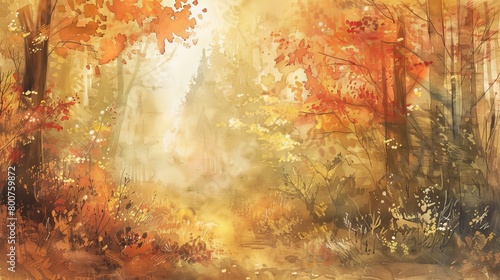 Light watercolor of an autumn forest scene, the soft fall colors and gentle scenery helping to reduce stress and promote healing photo