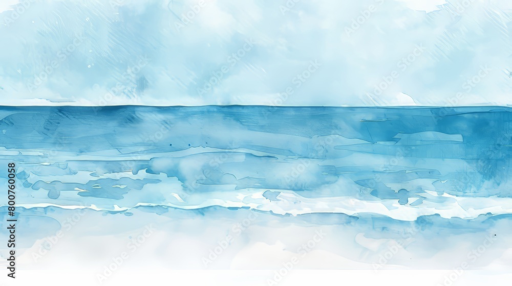 Minimalist watercolor depicting a soft blue sea with faint waves lapping at a clear beach, evoking quiet and peace