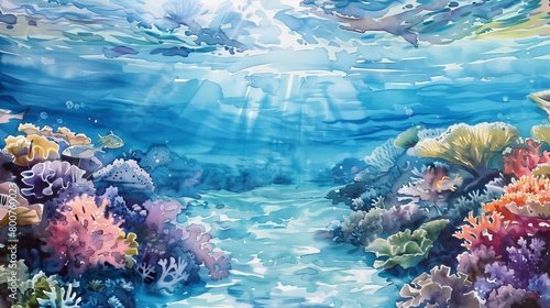 Luminous watercolor seascape featuring a coral reef visible through clear blue waters  combining vibrant life with peaceful underwater scenery