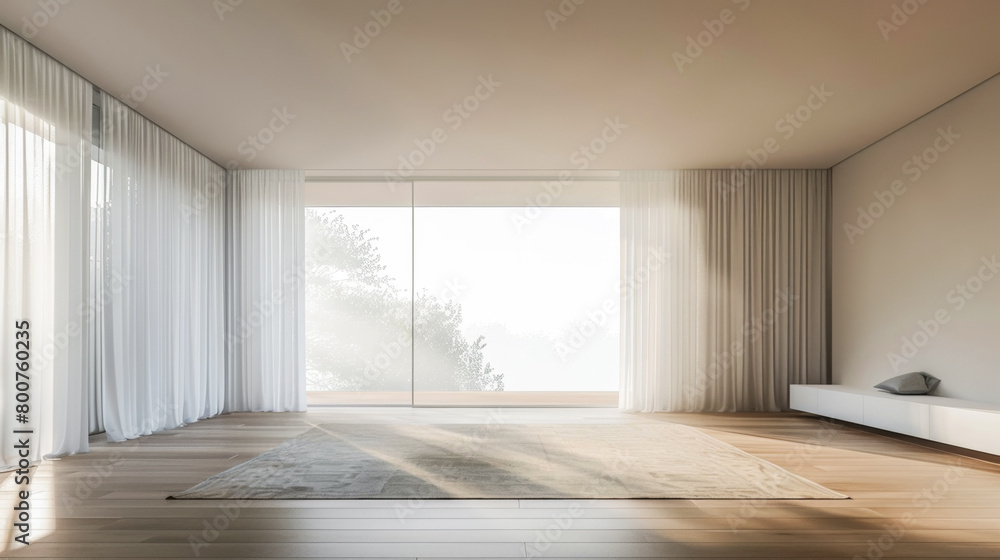 A large, empty room with white curtains and a tan carpet. The room is very clean and has a minimalist feel to it