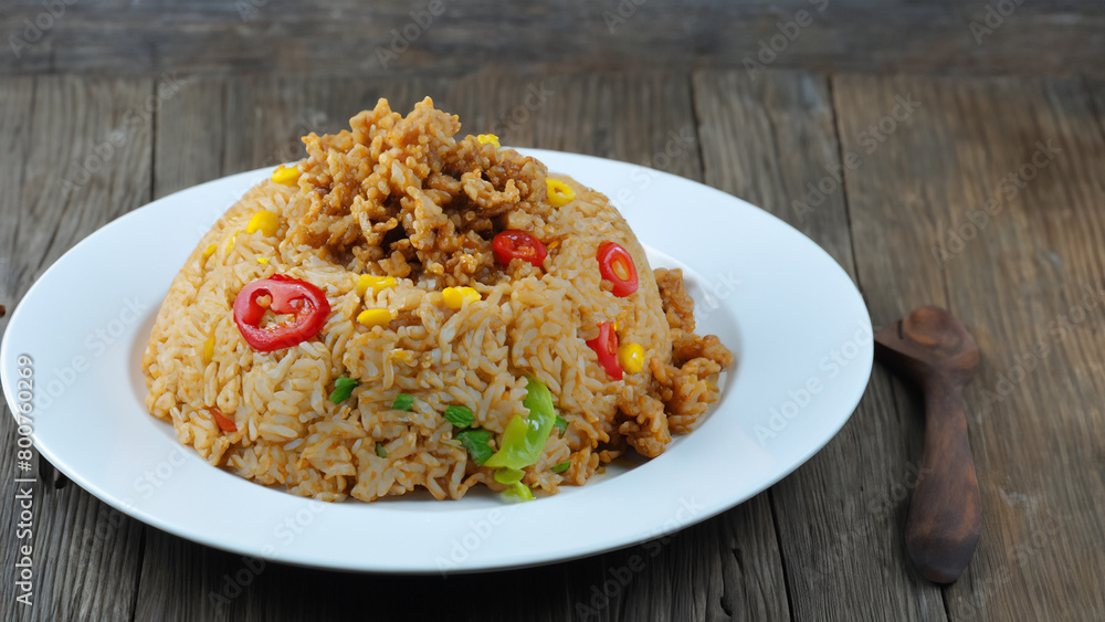 Nasi goreng fried rice with pork in Indonesia style. Generative Ai Nasi goreng fried rice with pork in Indonesia style. Generative Ai