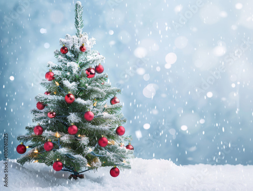 cristmas tree with full of christmas decoration, snow background -  ai