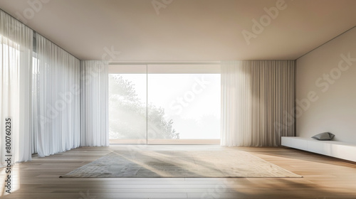 A large  empty room with white curtains and a tan carpet. The room is very clean and has a minimalist feel to it