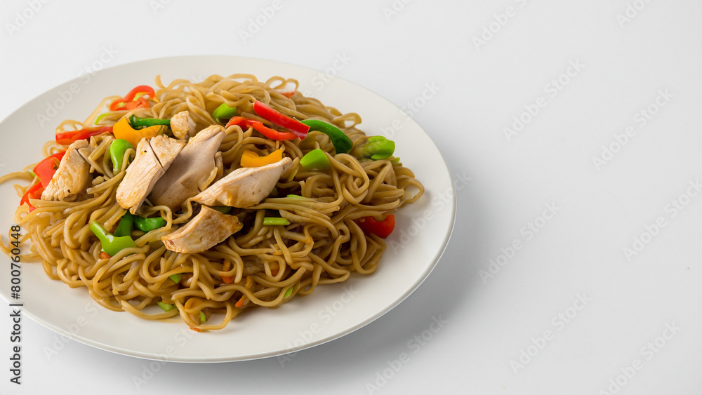 Plate of chinese noodles with chicken and vegetables on white background. Generative Ai Plate of chinese noodles with chicken and vegetables on white background. Generative Ai