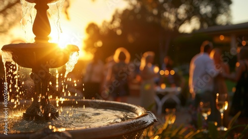 The sun setting behind a picturesque fountain casting a warm glow on guests as they continue to enjoy their nonalcoholic mocktail garden party. photo