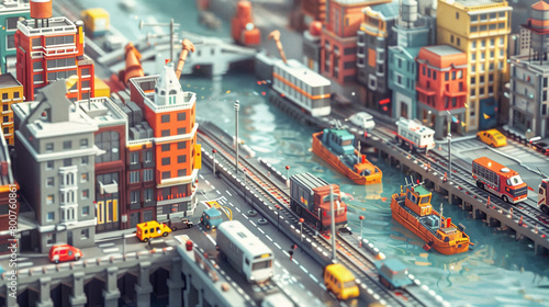 an animated image showing a city and different vehicles on it, in the style of neo-concrete art, majestic ports, orange, miscellaneous academia, spot metering, eco-friendly craftsmanship.