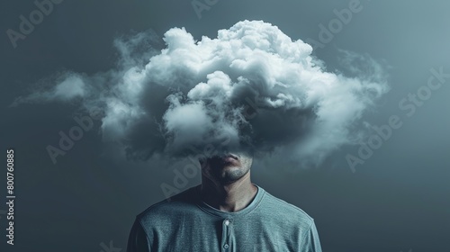 Man with cloud over his head depicting solitude and depression, abstract concept of loneliness and anxiety, isolated on gray background