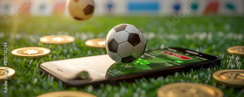 Mobile phone Soccer betting. Soccer field on smartphon. bet and win concept.Watch a live sports event on your mobile device. Betting on football matches 