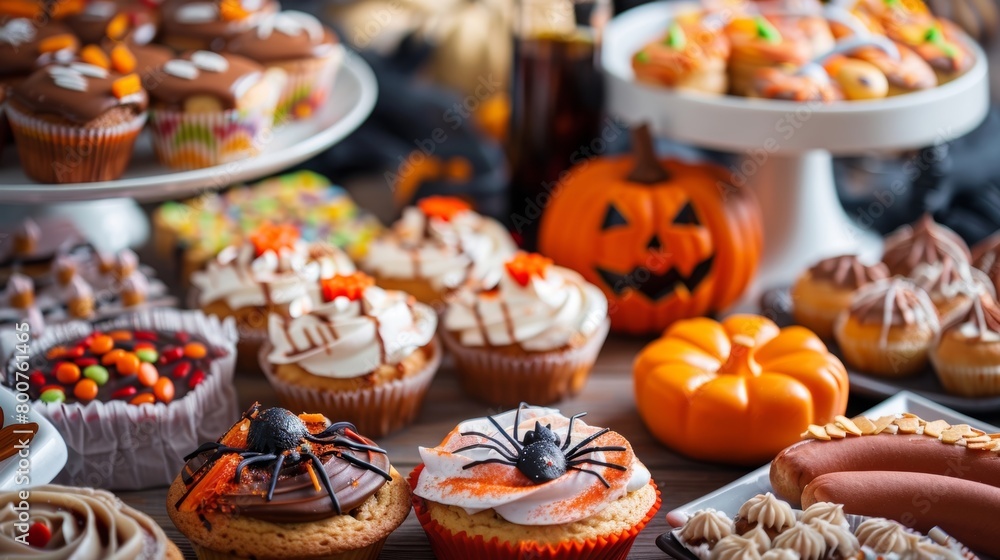 A table filled with sweet treats and snacks such as pumpkin cookies spider cupcakes and mummy hot dogs all alcoholfree and perfect for the Halloween party. A table filled with sweet treats and snacks such as pumpkin cookies spider cupcakes and mummy hot dogs all alcoholfree and perfect for the Halloween party.