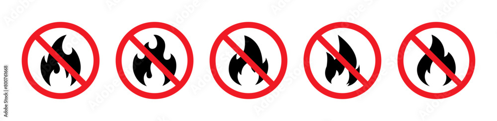 No fire restriction vector icon set. No fire flame icon in red circle. Fire symbol in black. No fire and stop fire sign vector icon. Stop fire sign with flame. No fire symbol. prohibitions sign symbol No fire restriction vector icon set. No fire flame icon in red circle. Fire symbol in black. No fire and stop fire sign vector icon. Stop fire sign with flame. No fire symbol. prohibitions sign symbol