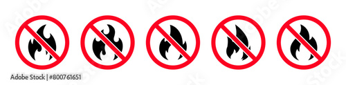 No fire restriction vector icon set. No fire flame icon in red circle. Fire symbol in black. No fire and stop fire sign vector. stop fire sign with flame. No fire symbol. Bonfire silhouette logotype.
