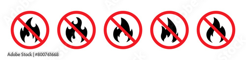 No fire restriction vector icon set. No fire flame icon in red circle. Fire symbol in black. No fire and stop fire sign vector icon. Stop fire sign with flame. No fire symbol. prohibitions sign symbol