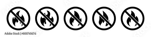 No fire restriction vector icon set in black color. No fire-stops fire sign icon symbol. Stop fire sign with flame. No fire ban symbol. No fire flame logo sign uses for app, website and posters.
