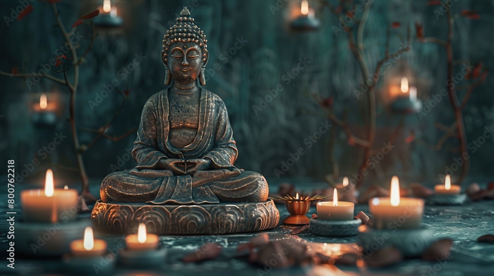 Meditating buddha statue in lotus pose with zen candles, ancient temple, mystic oriental culture, peaceful spiritual healing art